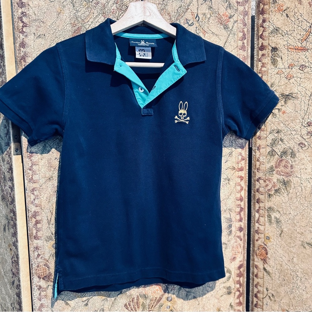 Psycho Bunny Navy Polo with Teal Trim - Kids Size Med 10/12